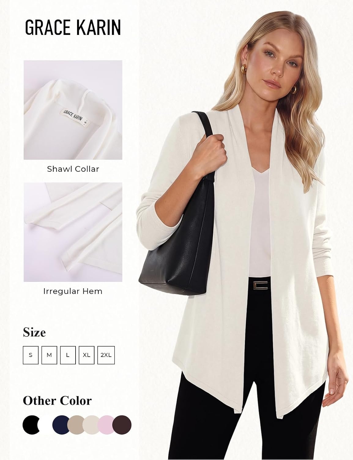image:imageGRACE KARIN Womens Lightweight Long Sleeve Cardigan Sweaters Open Front Knit Draped Cardigans Business Casual CoatsIvory White
