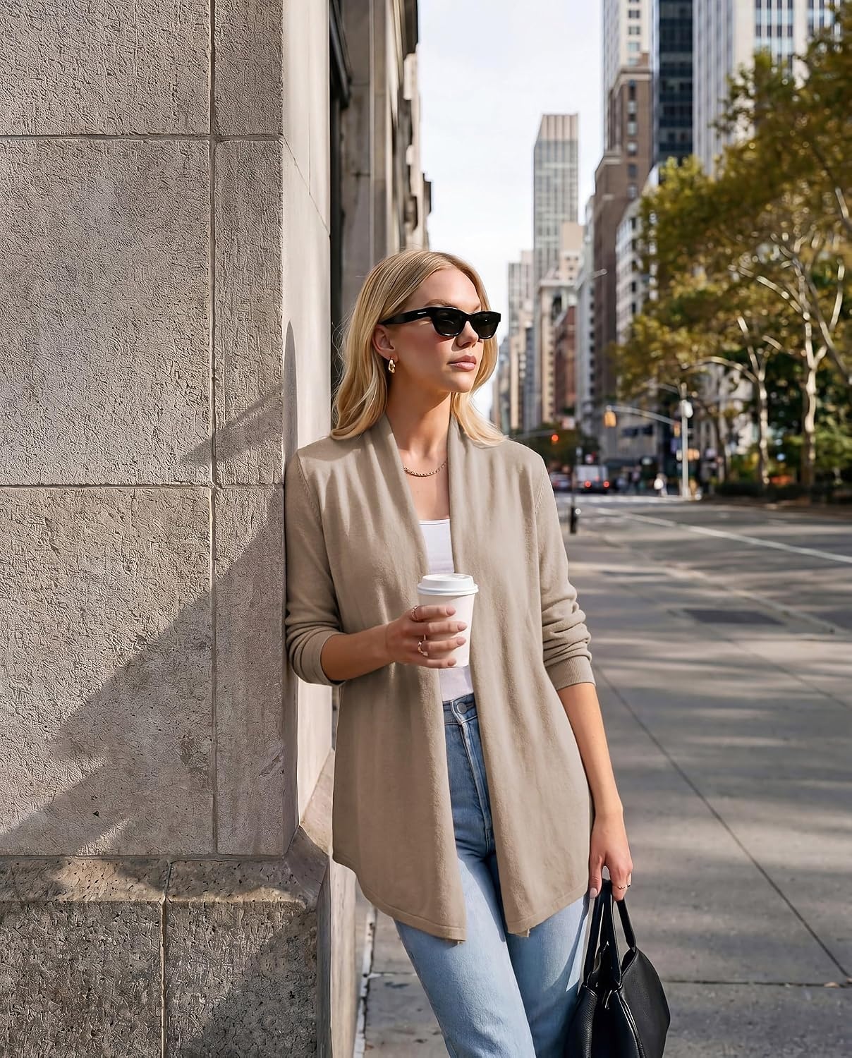 image:imageGRACE KARIN Womens Lightweight Long Sleeve Cardigan Sweaters Open Front Knit Draped Cardigans Business Casual CoatsKhaki
