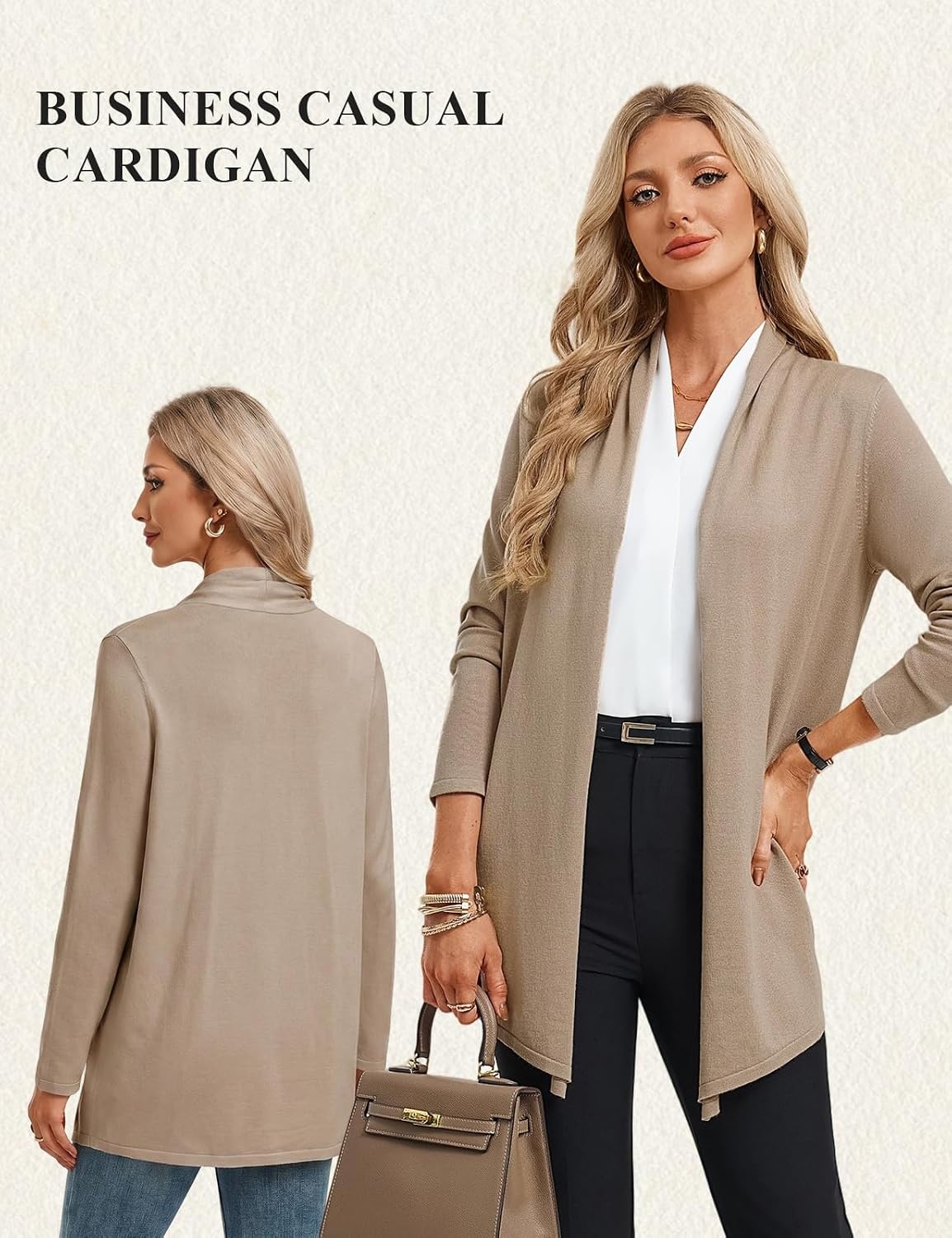image:imageGRACE KARIN Womens Lightweight Long Sleeve Cardigan Sweaters Open Front Knit Draped Cardigans Business Casual CoatsKhaki