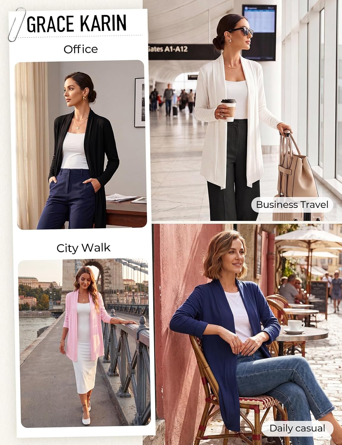 image:imageGRACE KARIN Womens Lightweight Long Sleeve Cardigan Sweaters Open Front Knit Draped Cardigans Business Casual CoatsKhaki