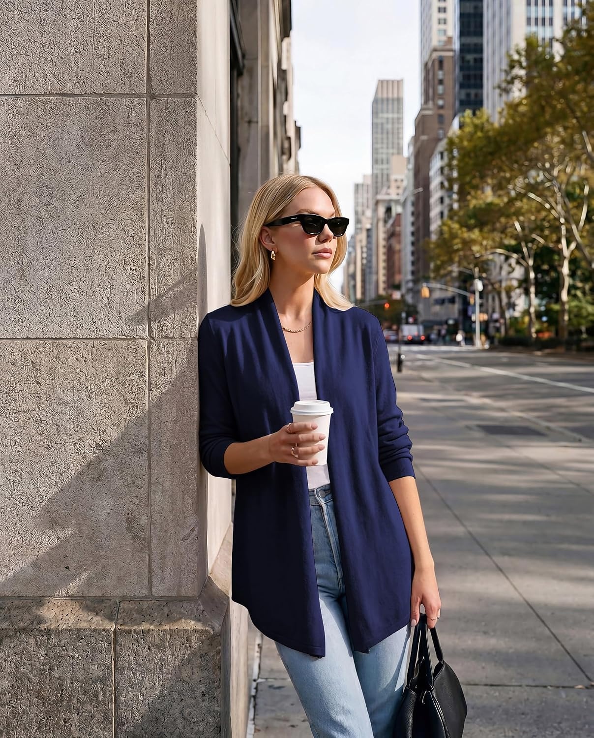 image:imageGRACE KARIN Womens Lightweight Long Sleeve Cardigan Sweaters Open Front Knit Draped Cardigans Business Casual CoatsNavy Blue