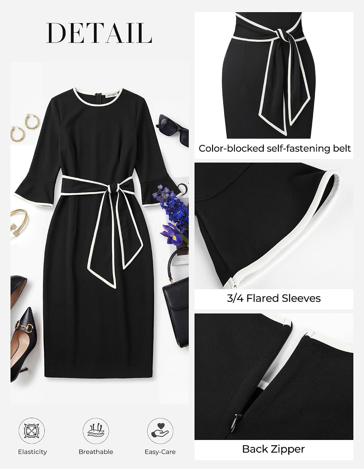 image:imageGRACE KARIN Work Dresses for Women 34 Sleeve Bodycon Pencil Business Outfits Color Block Office Church Clothes with BeltBlack