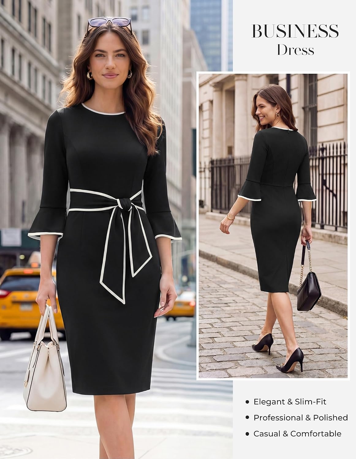 image:imageGRACE KARIN Work Dresses for Women 34 Sleeve Bodycon Pencil Business Outfits Color Block Office Church Clothes with BeltBlack
