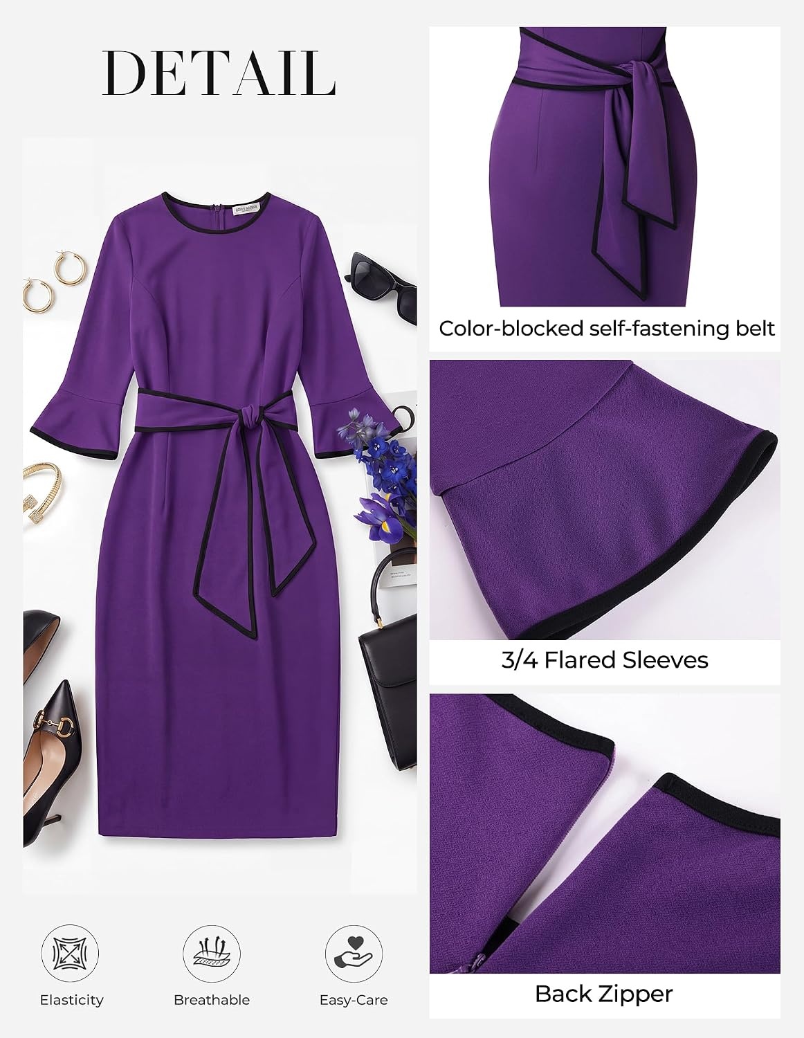 image:imageGRACE KARIN Work Dresses for Women 34 Sleeve Bodycon Pencil Business Outfits Color Block Office Church Clothes with BeltDeep Purple