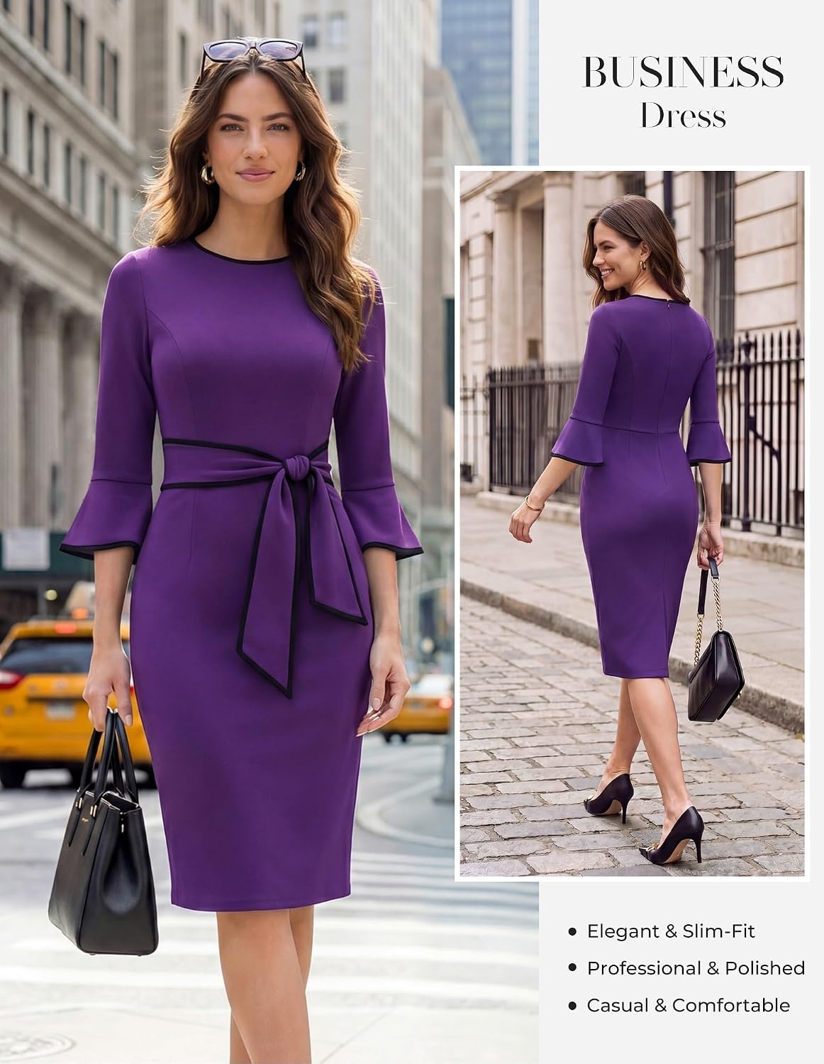 image:imageGRACE KARIN Work Dresses for Women 34 Sleeve Bodycon Pencil Business Outfits Color Block Office Church Clothes with BeltDeep Purple