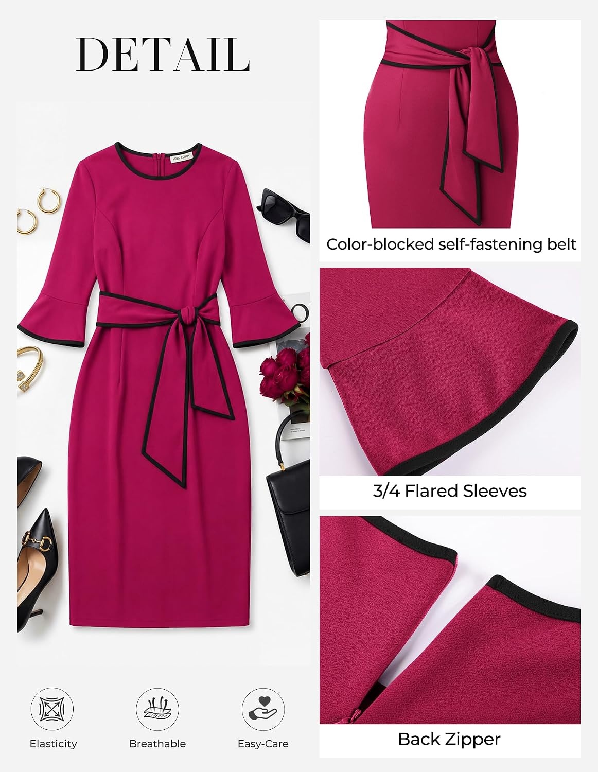 image:imageGRACE KARIN Work Dresses for Women 34 Sleeve Bodycon Pencil Business Outfits Color Block Office Church Clothes with BeltRose