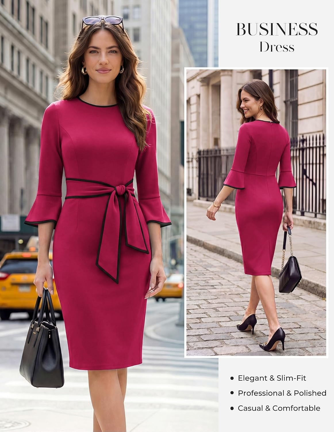 image:imageGRACE KARIN Work Dresses for Women 34 Sleeve Bodycon Pencil Business Outfits Color Block Office Church Clothes with BeltRose