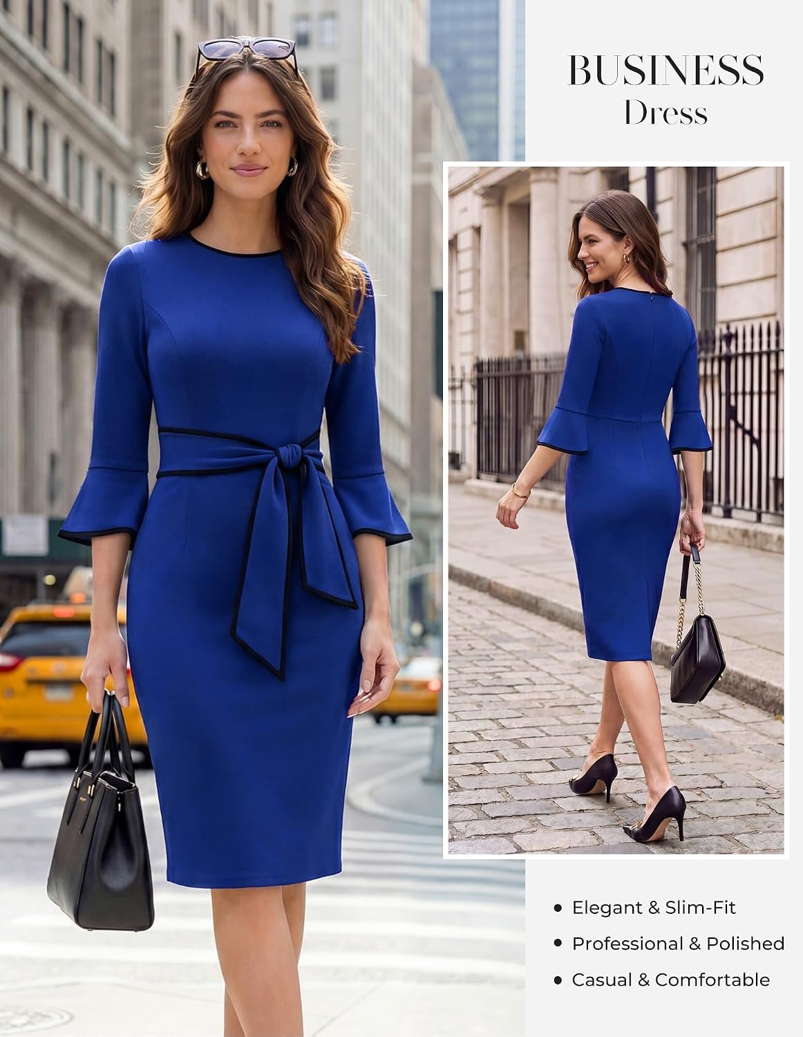 image:imageGRACE KARIN Work Dresses for Women 34 Sleeve Bodycon Pencil Business Outfits Color Block Office Church Clothes with BeltRoyal Blue