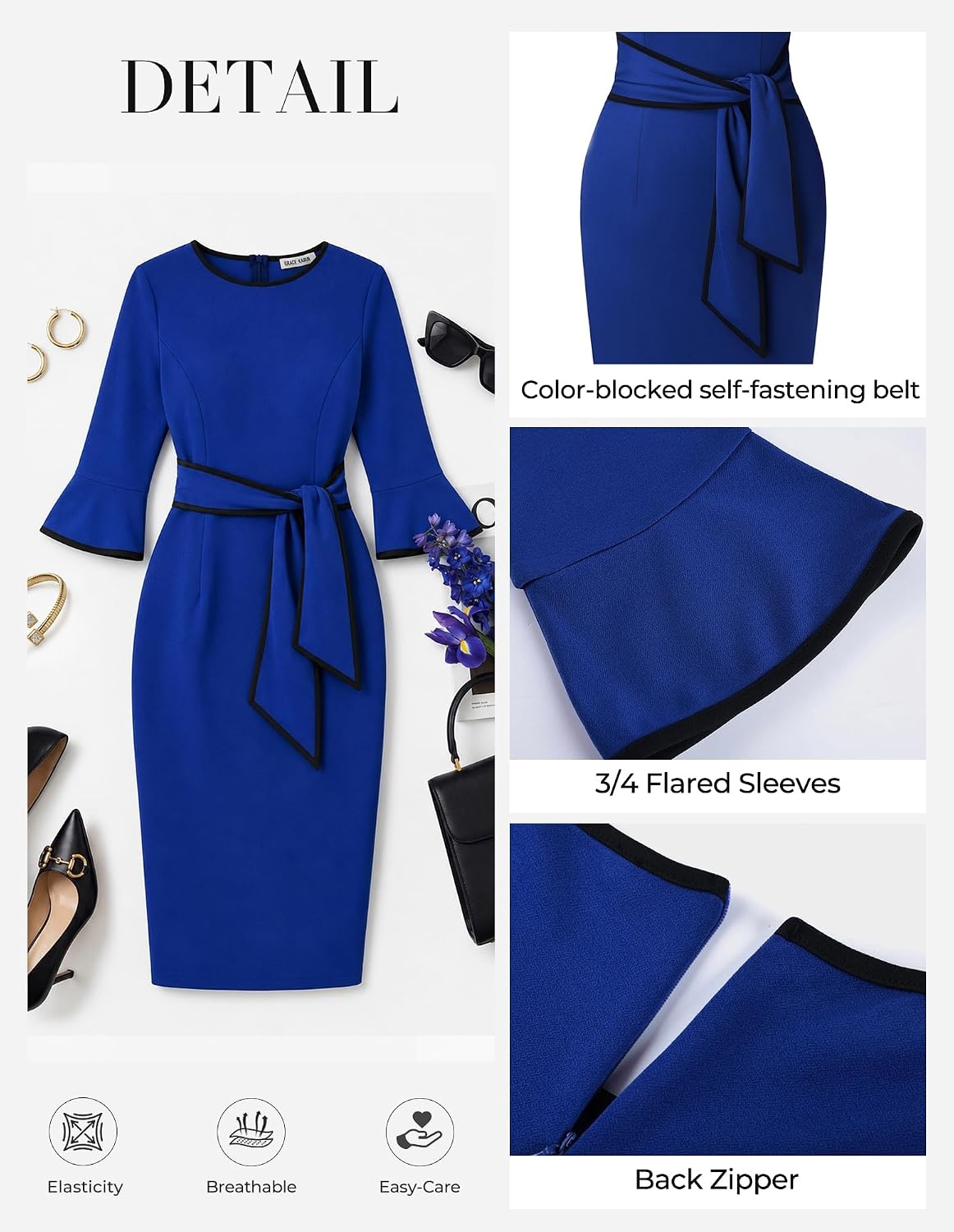 image:imageGRACE KARIN Work Dresses for Women 34 Sleeve Bodycon Pencil Business Outfits Color Block Office Church Clothes with BeltRoyal Blue