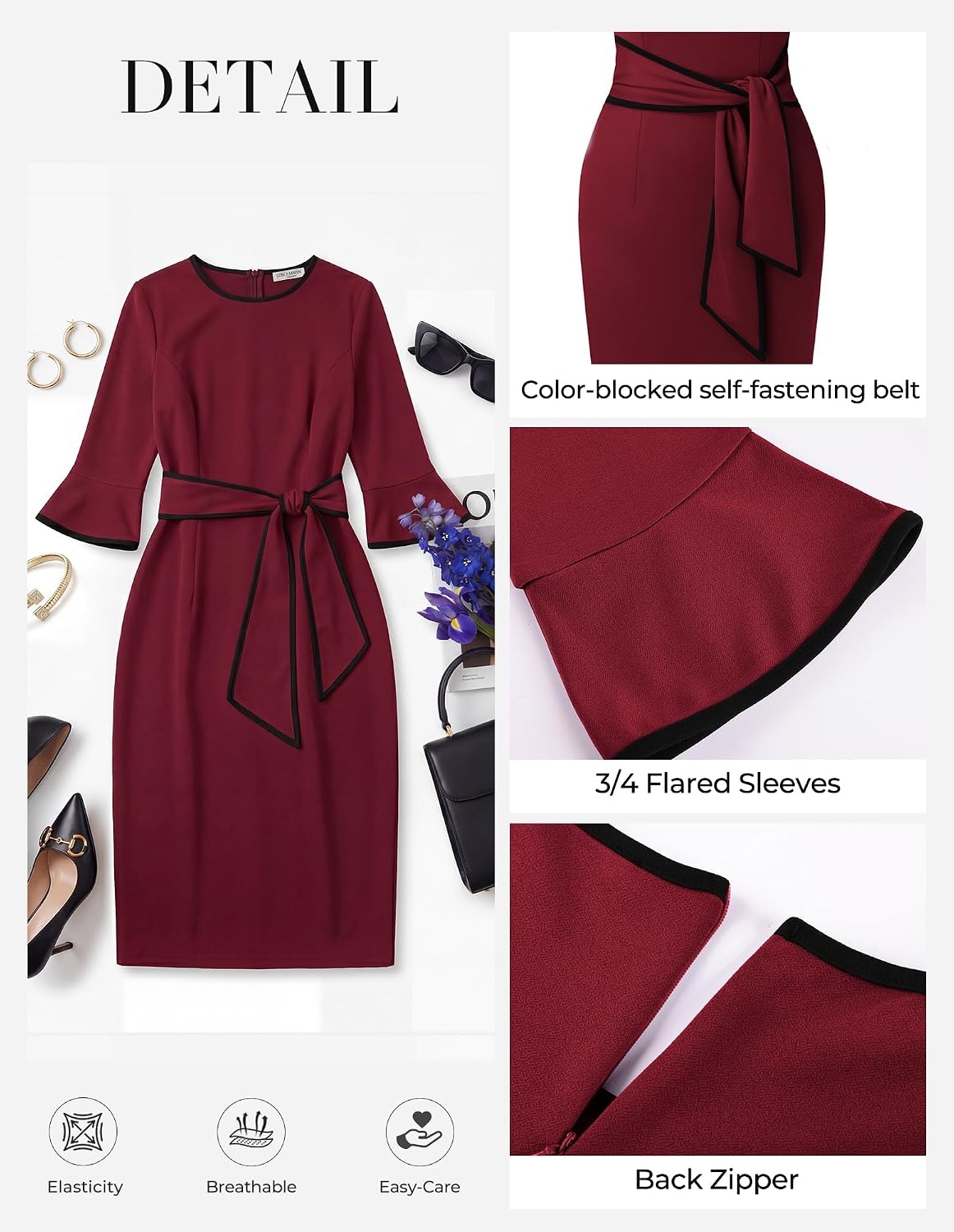 image:imageGRACE KARIN Work Dresses for Women 34 Sleeve Bodycon Pencil Business Outfits Color Block Office Church Clothes with BeltWine