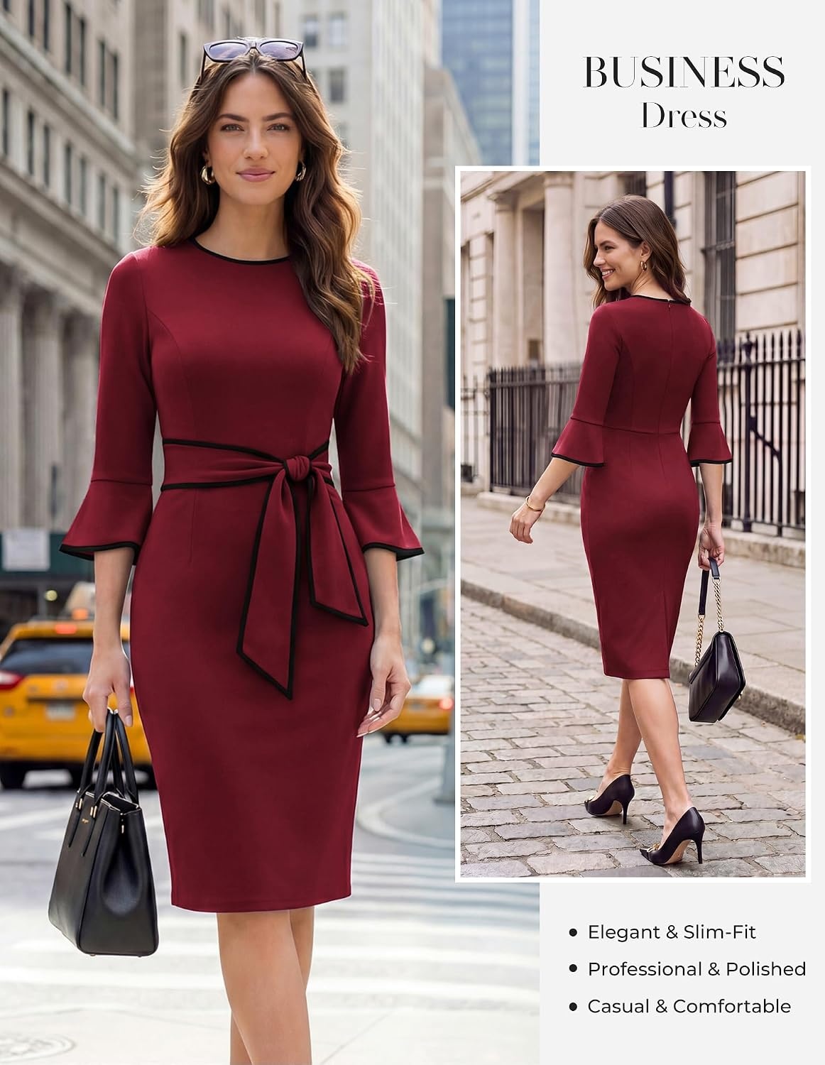 image:imageGRACE KARIN Work Dresses for Women 34 Sleeve Bodycon Pencil Business Outfits Color Block Office Church Clothes with BeltWine