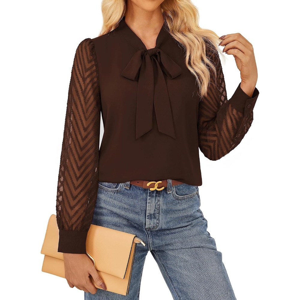 image:imageGARCE KARIN Women Bow Tie Neck Tops 2026 Fall Lace Long Sleeve Blouse Business Dressy Casual Shirt Work Office FormalCoffee