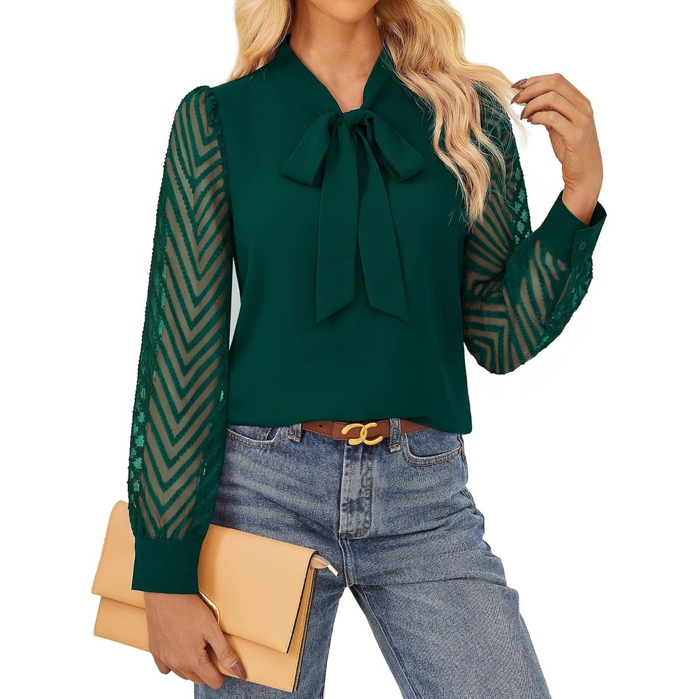 image:imageGARCE KARIN Women Bow Tie Neck Tops 2026 Fall Lace Long Sleeve Blouse Business Dressy Casual Shirt Work Office FormalGreen