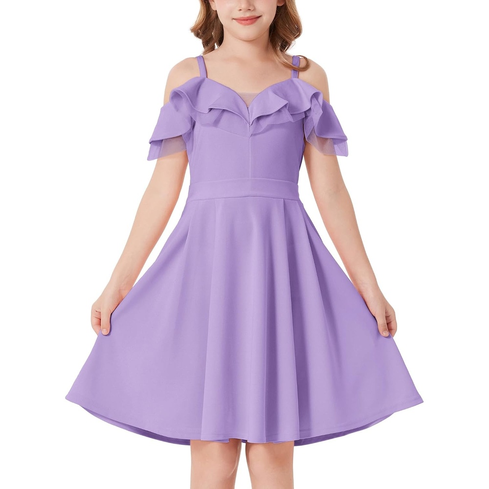 image:imageGRACE KARIN Girls Elegant Party Dress Cold Shoulder Ruffled Neckline High Waist ALine Dress for Girls 714 YearsPurple