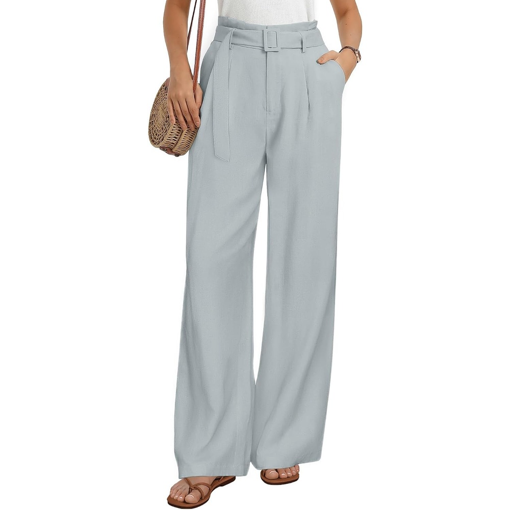 image:imageGRACE KARIN Wide Leg Pants Women Linen Blend High Waisted Palazzo Trousers with Pockets Business Casual ClothesLight Grey Blue