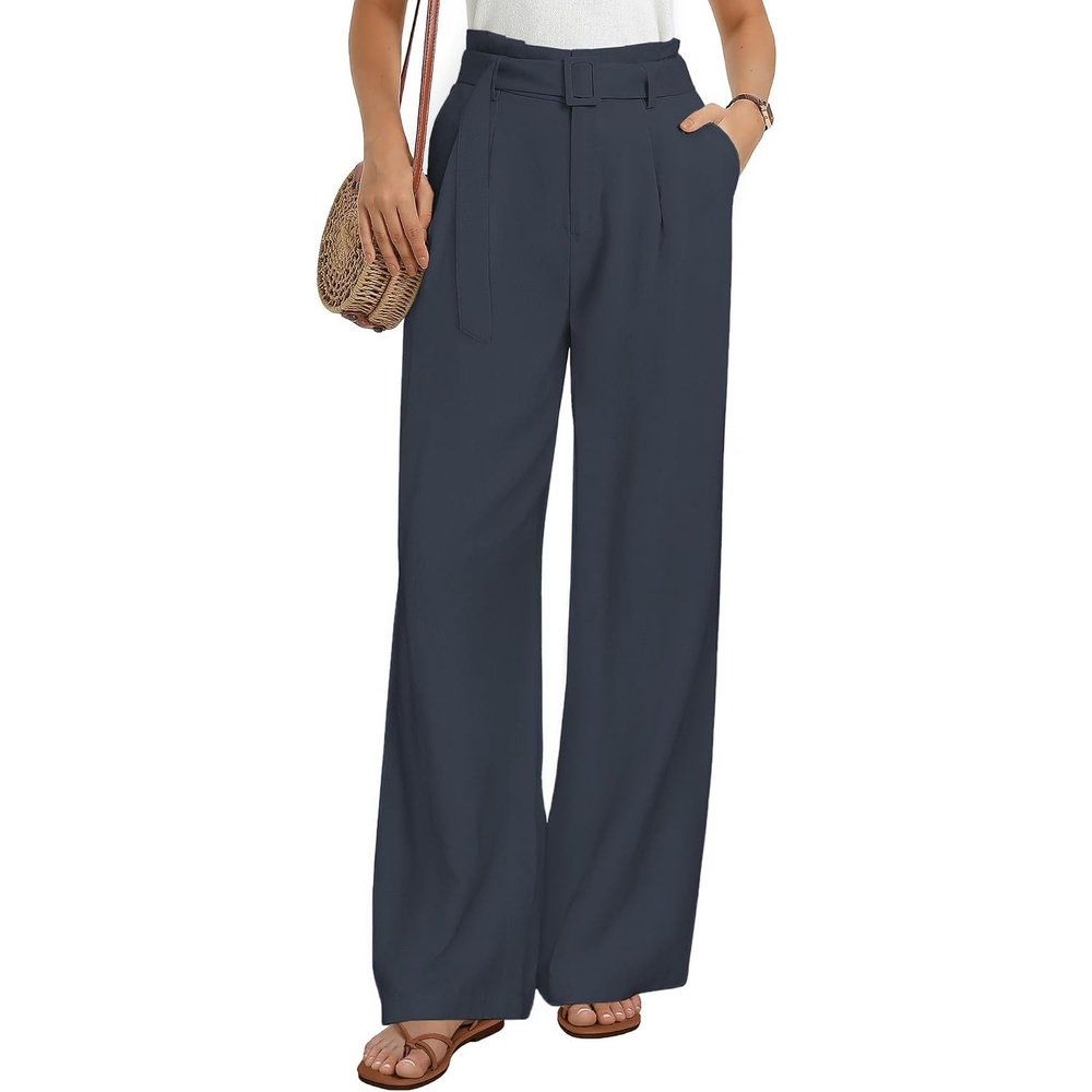 image:imageGRACE KARIN Wide Leg Pants Women Linen Blend High Waisted Palazzo Trousers with Pockets Business Casual ClothesNavy Blue