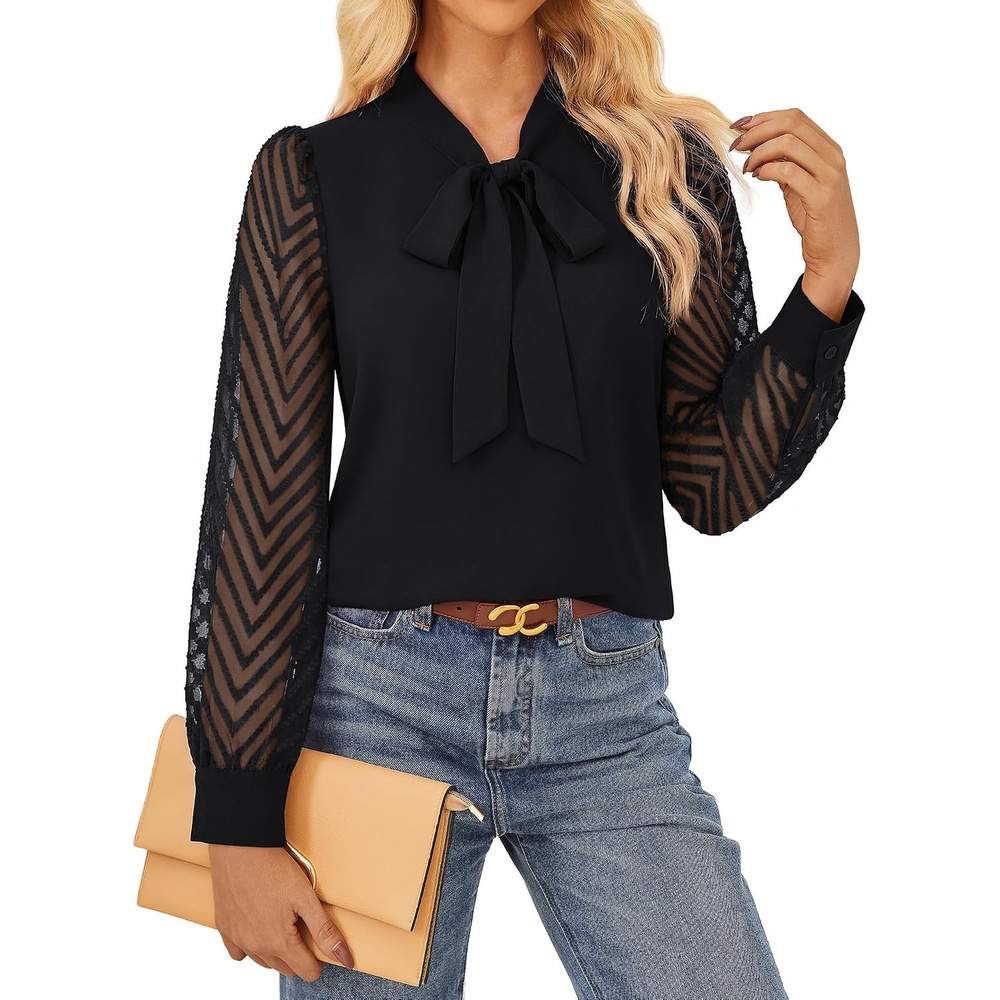 image:imageGRACE KARIN Women Bow Tie Neck Tops 2026 Fall Lace Long Sleeve Blouse Business Dressy Casual Shirt Work Office FormalBlack
