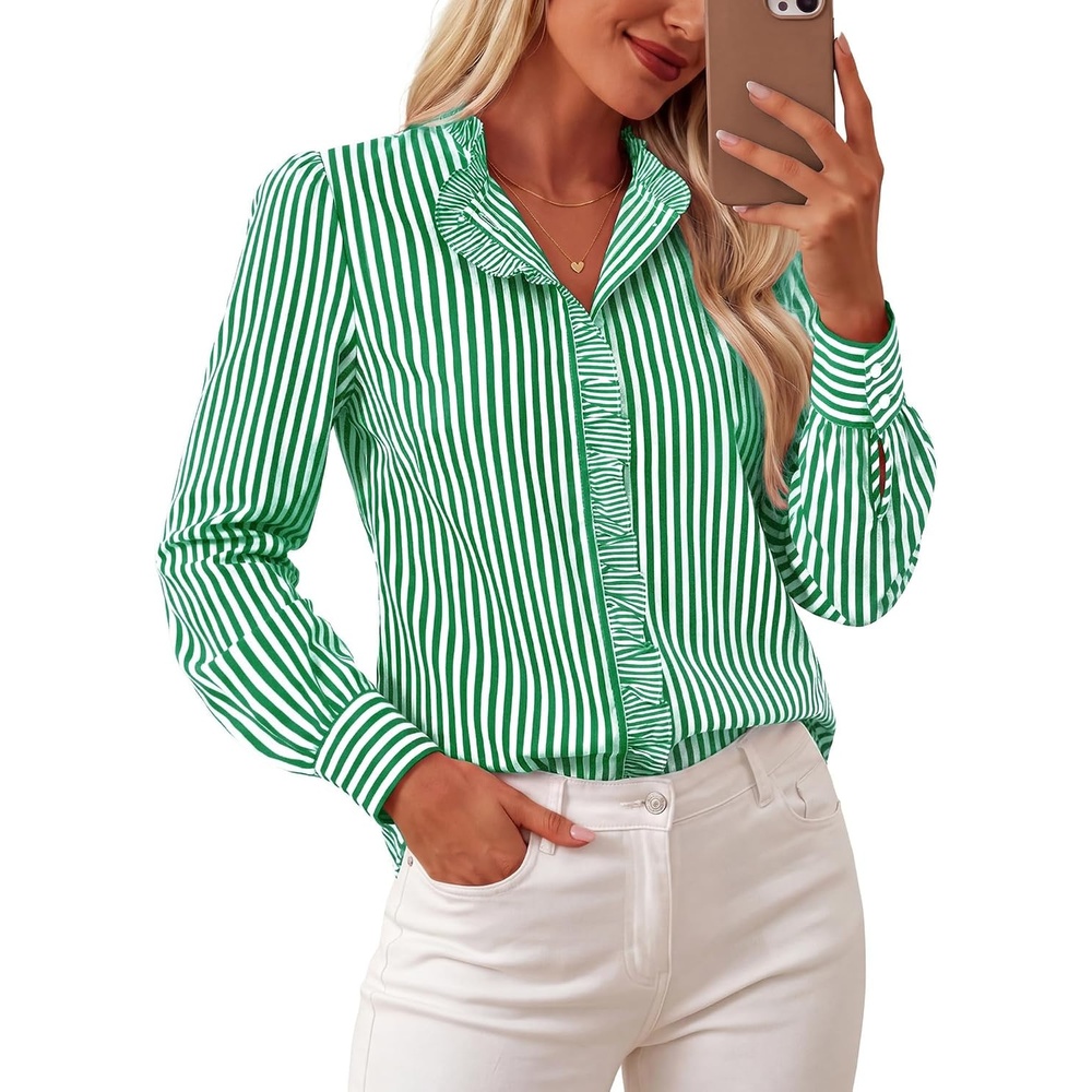 image:imageGRACE KARIN Women Striped Button Down Shirts Dressy Casual Cotton Ruffled Long Sleeve Tops 2026 Summer Fashion Work ClothesGreen