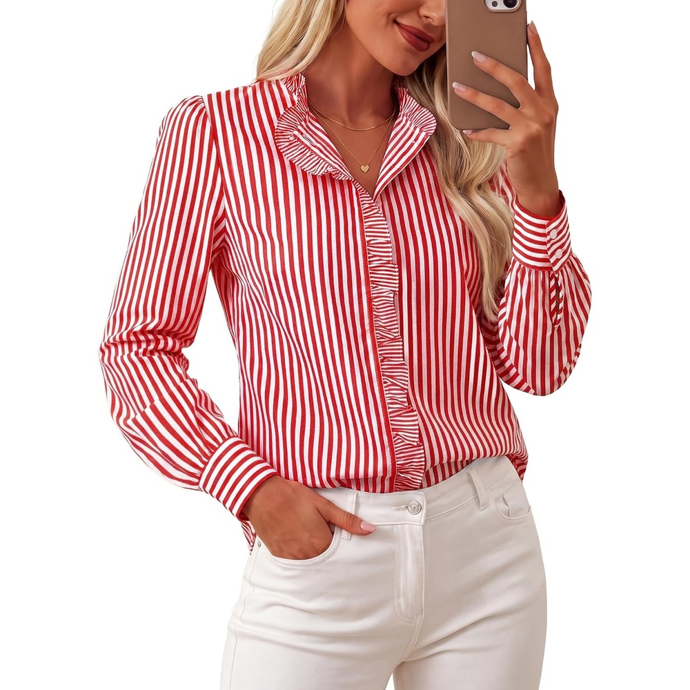 image:imageGRACE KARIN Women Striped Button Down Shirts Dressy Casual Cotton Ruffled Long Sleeve Tops 2026 Summer Fashion Work ClothesRed
