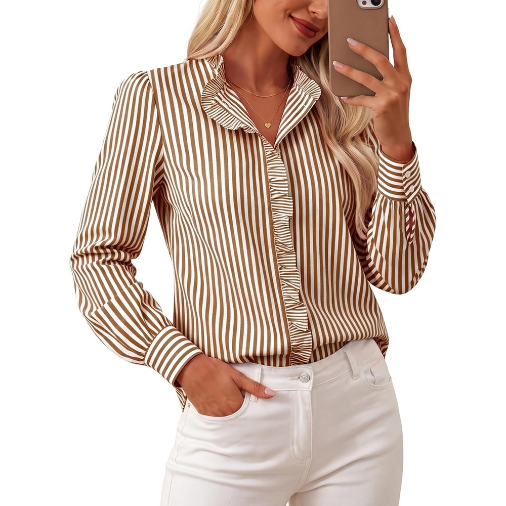 image:imageGRACE KARIN Women Striped Button Down Shirts Dressy Casual Cotton Ruffled Long Sleeve Tops 2026 Summer Fashion Work ClothesSepia