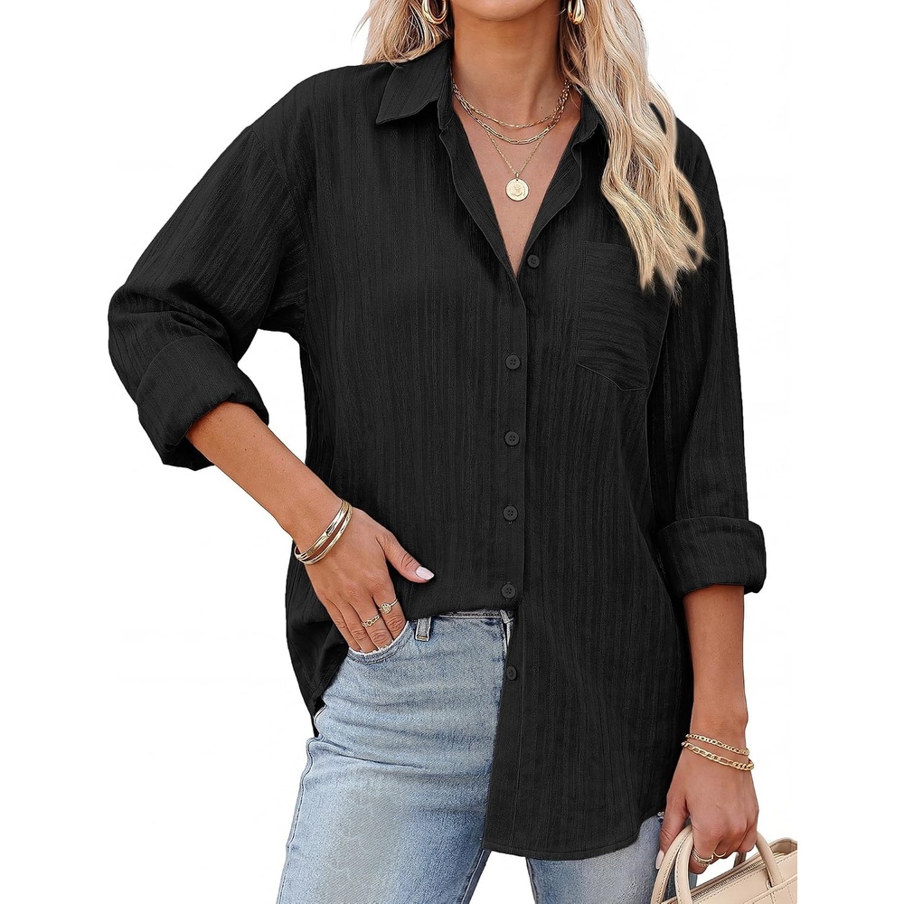 image:imageGRACE KARIN Womens 2026 Cotton Button Down Blouses Dressy Casual Long Sleeve Shirts Trendy Summer Collared Work TopsBlack