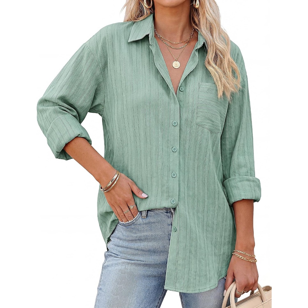 image:imageGRACE KARIN Womens 2026 Cotton Button Down Blouses Dressy Casual Long Sleeve Shirts Trendy Summer Collared Work TopsLight Green