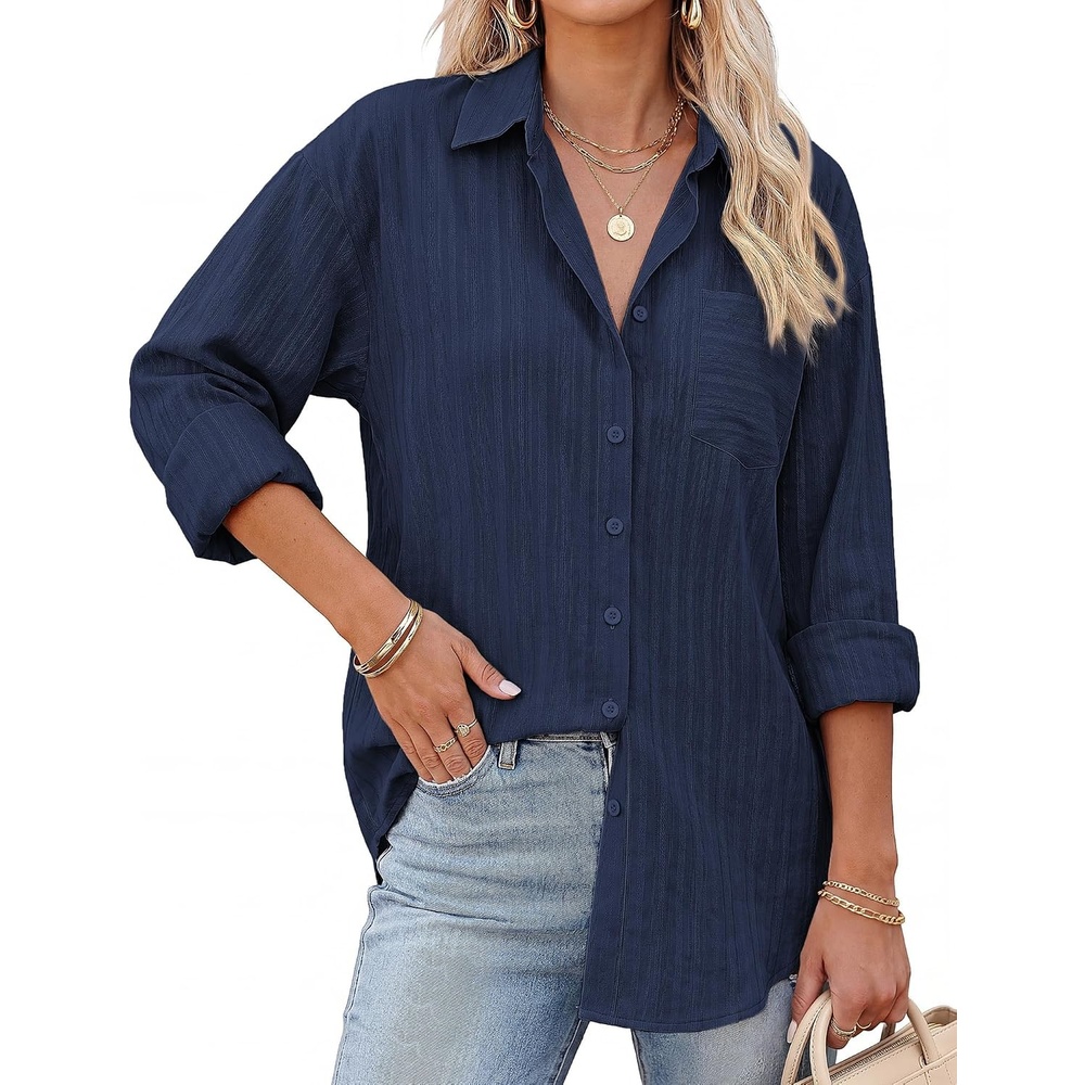 image:imageGRACE KARIN Womens 2026 Cotton Button Down Blouses Dressy Casual Long Sleeve Shirts Trendy Summer Collared Work TopsNavy Blue