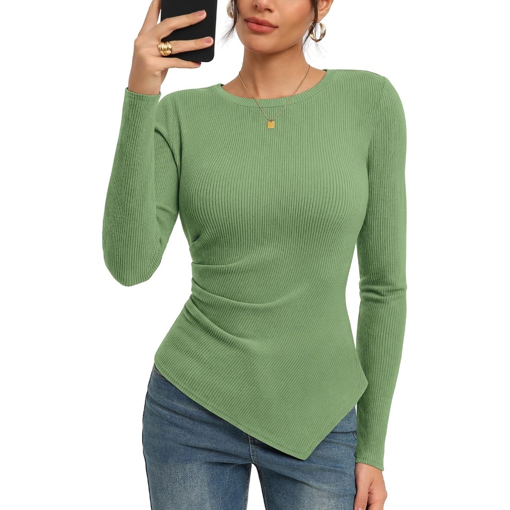 image:imageGRACE KARIN Womens 2026 Long Sleeve Tops Ribbed Knit Basic Blouses Stretch Fall Shirts Dressy Casual ClothesLight Green