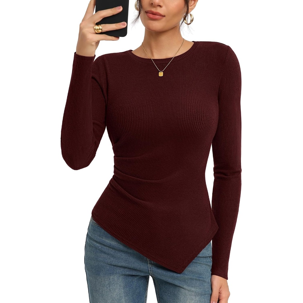 image:imageGRACE KARIN Womens 2026 Long Sleeve Tops Ribbed Knit Basic Blouses Stretch Fall Shirts Dressy Casual ClothesWine