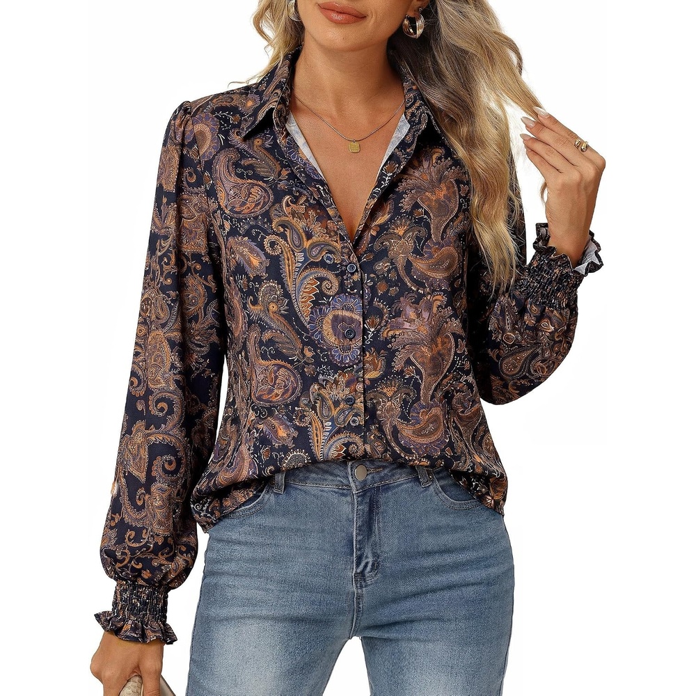 image:imageGRACE KARIN Womens Boho Floral Button Down Shirts 2026 Fall Long Sleeve Blouses Dressy Casual Fit Vacation Work TopsBlack Floral