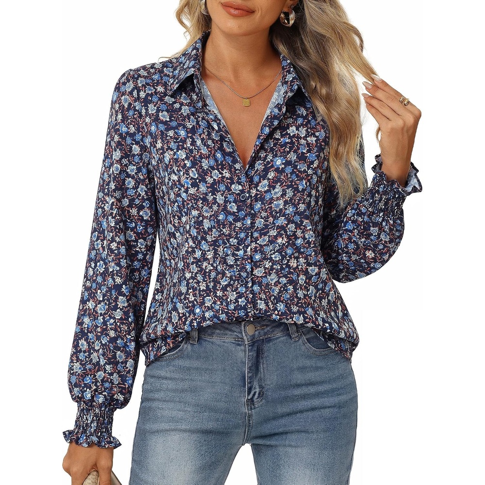image:imageGRACE KARIN Womens Boho Floral Button Down Shirts 2026 Fall Long Sleeve Blouses Dressy Casual Fit Vacation Work TopsNavy Blue Floral