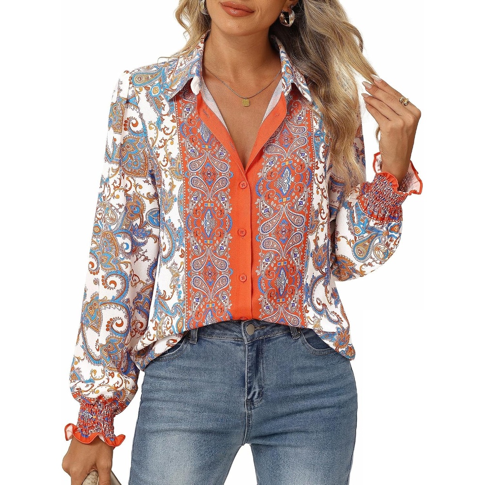 image:imageGRACE KARIN Womens Boho Floral Button Down Shirts 2026 Fall Long Sleeve Blouses Dressy Casual Fit Vacation Work TopsOrange