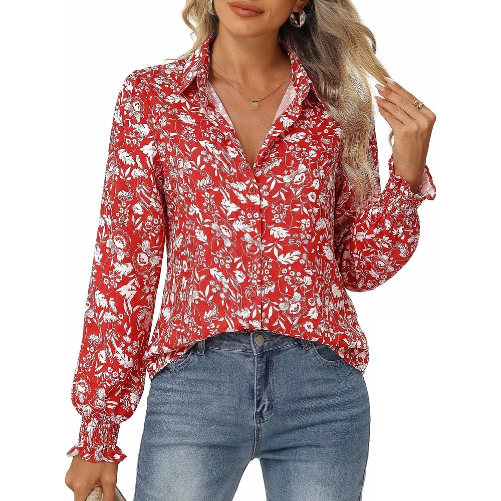 image:imageGRACE KARIN Womens Boho Floral Button Down Shirts 2026 Fall Long Sleeve Blouses Dressy Casual Fit Vacation Work TopsRed White Floral