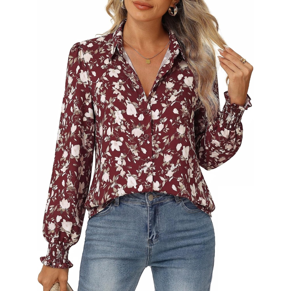 image:imageGRACE KARIN Womens Boho Floral Button Down Shirts 2026 Fall Long Sleeve Blouses Dressy Casual Fit Vacation Work TopsReddish Brown