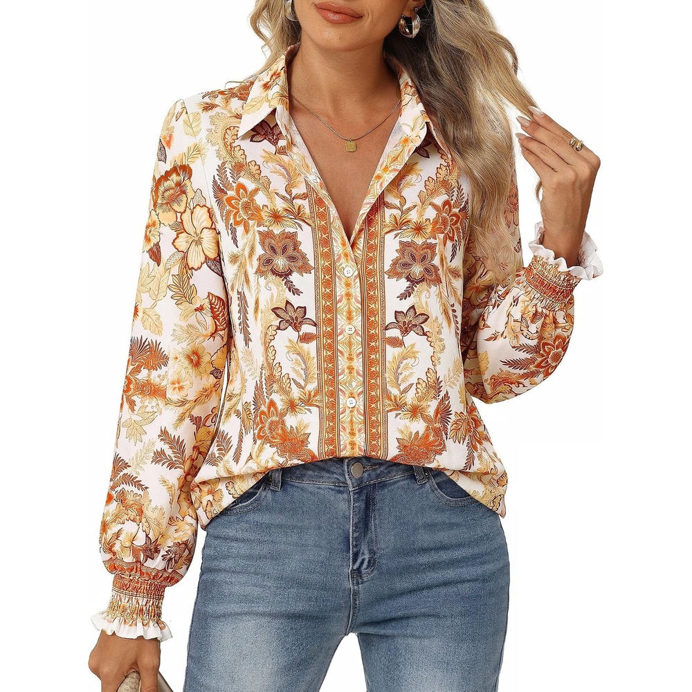 image:imageGRACE KARIN Womens Boho Floral Button Down Shirts 2026 Fall Long Sleeve Blouses Dressy Casual Fit Vacation Work TopsYellow
