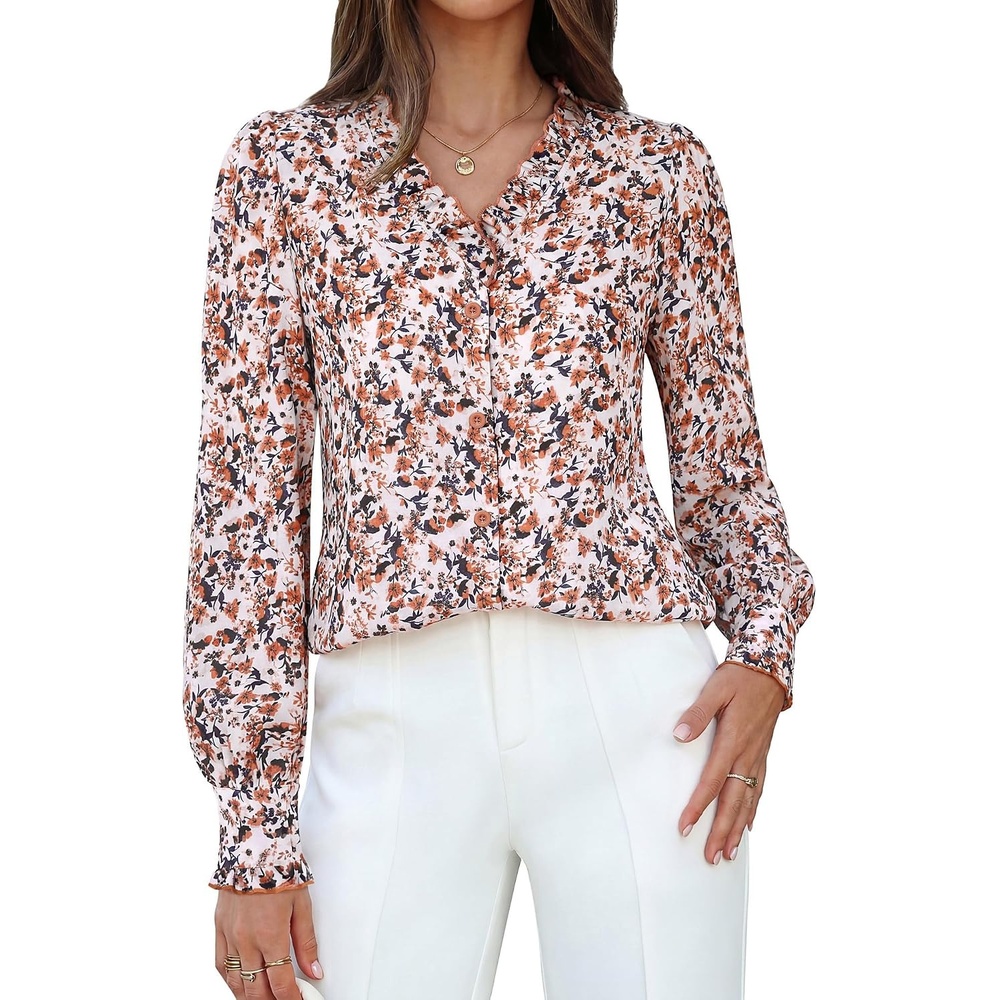 image:imageGRACE KARIN Womens Boho Floral Tops 2026 Fall Button Down Long Sleeve Blouses Dressy Casual V Neck Work Trendy ShirtsApricot Floral