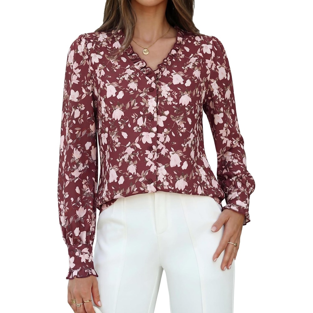 image:imageGRACE KARIN Womens Boho Floral Tops 2026 Fall Button Down Long Sleeve Blouses Dressy Casual V Neck Work Trendy ShirtsBrown White Floral