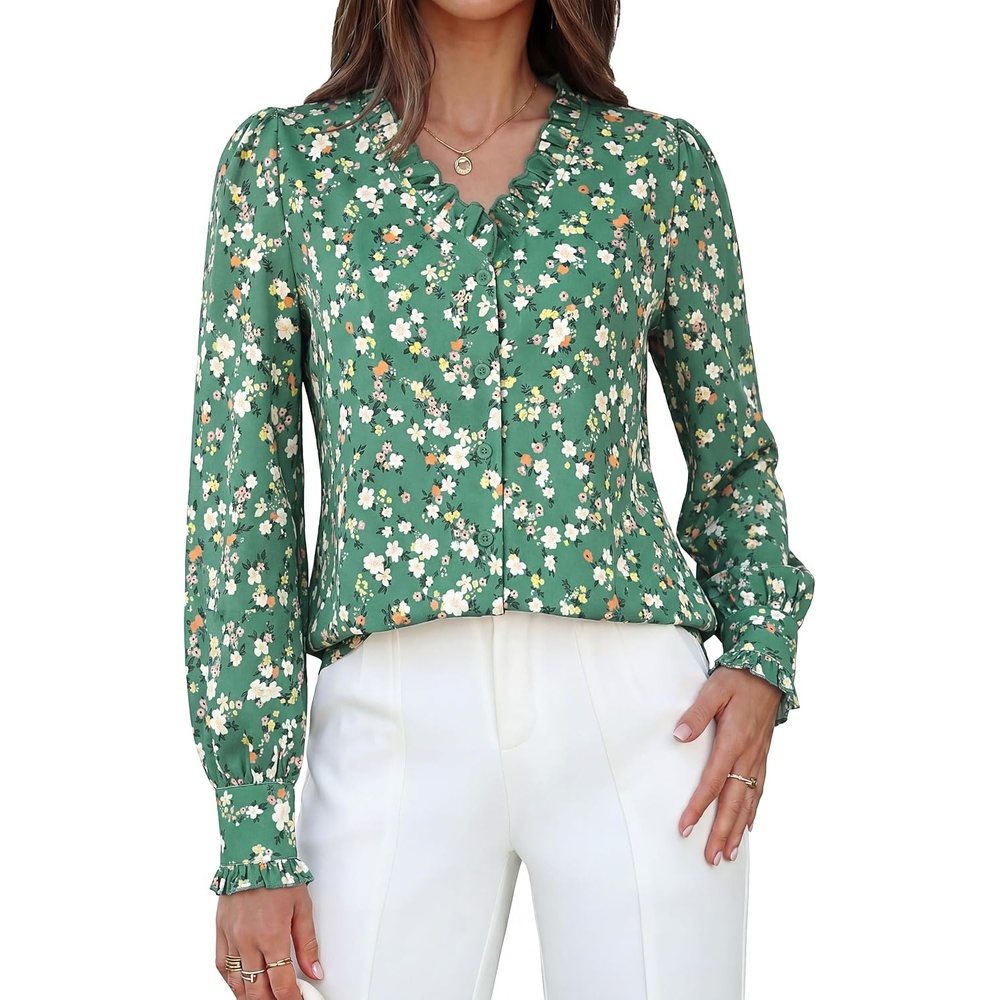 image:imageGRACE KARIN Womens Boho Floral Tops 2026 Fall Button Down Long Sleeve Blouses Dressy Casual V Neck Work Trendy ShirtsGreen