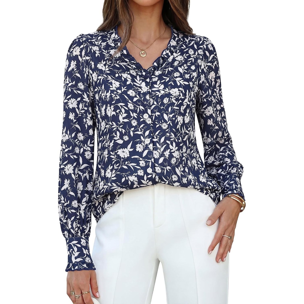 image:imageGRACE KARIN Womens Boho Floral Tops 2026 Fall Button Down Long Sleeve Blouses Dressy Casual V Neck Work Trendy ShirtsNavy Blue