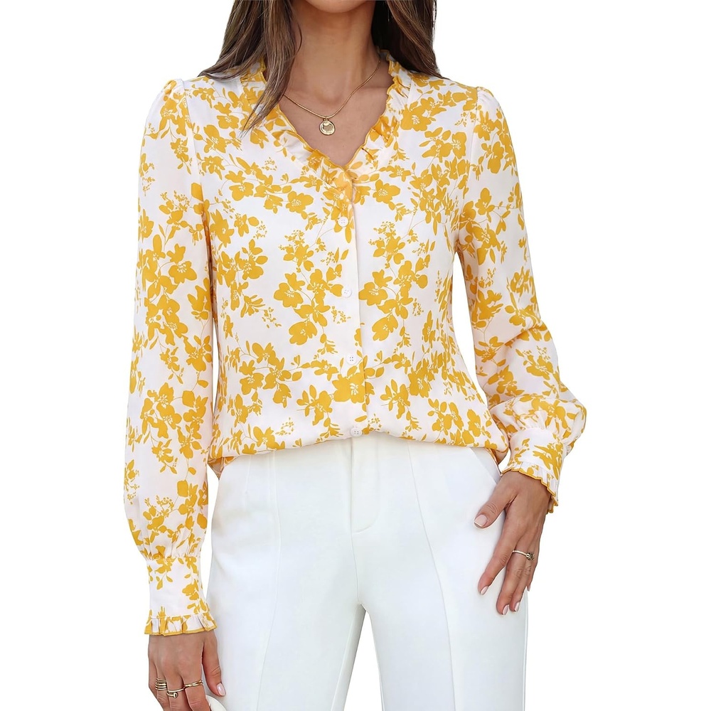 image:imageGRACE KARIN Womens Boho Floral Tops 2026 Fall Button Down Long Sleeve Blouses Dressy Casual V Neck Work Trendy ShirtsYellow White Floral