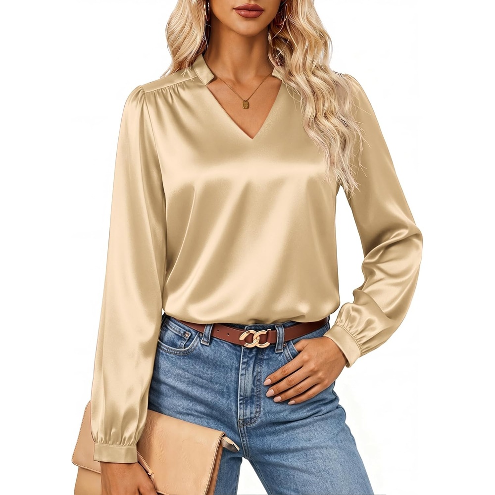 image:imageGRACE KARIN Womens Business Casual Tops Long Sleeve Work Satin Blouses Dressy V Neck Silk Shirts Fall Trendy OutfitsApricot