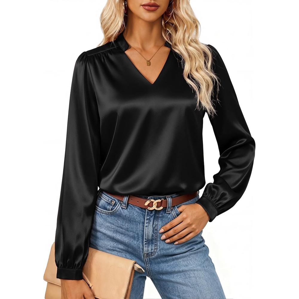 image:imageGRACE KARIN Womens Business Casual Tops Long Sleeve Work Satin Blouses Dressy V Neck Silk Shirts Fall Trendy OutfitsBlack