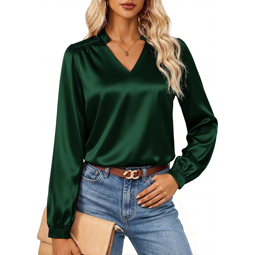 image:imageGRACE KARIN Womens Business Casual Tops Long Sleeve Work Satin Blouses Dressy V Neck Silk Shirts Fall Trendy OutfitsDark Green