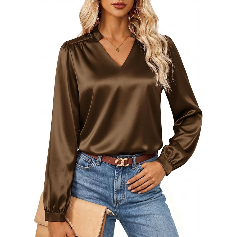 image:imageGRACE KARIN Womens Business Casual Tops Long Sleeve Work Satin Blouses Dressy V Neck Silk Shirts Fall Trendy OutfitsKhaki