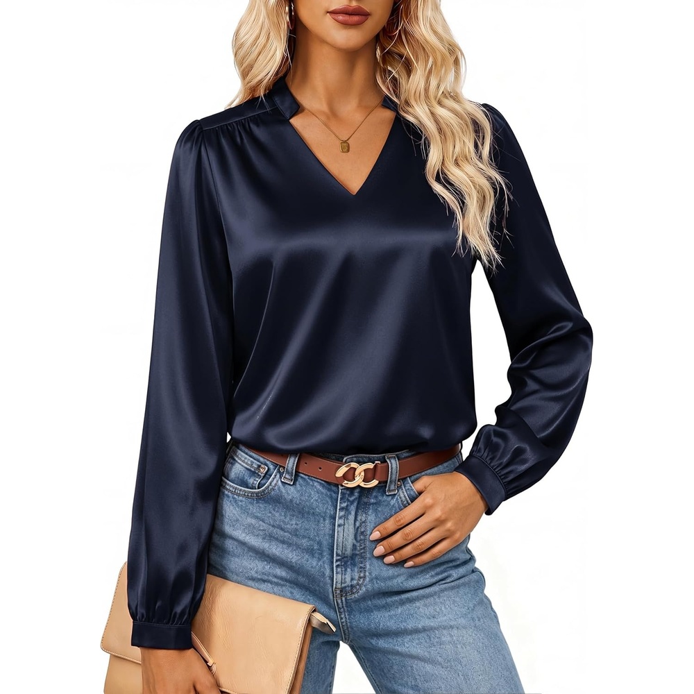image:imageGRACE KARIN Womens Business Casual Tops Long Sleeve Work Satin Blouses Dressy V Neck Silk Shirts Fall Trendy OutfitsNavy Blue