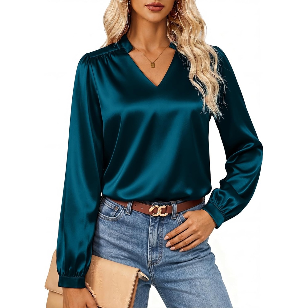 image:imageGRACE KARIN Womens Business Casual Tops Long Sleeve Work Satin Blouses Dressy V Neck Silk Shirts Fall Trendy OutfitsPeacock Blue
