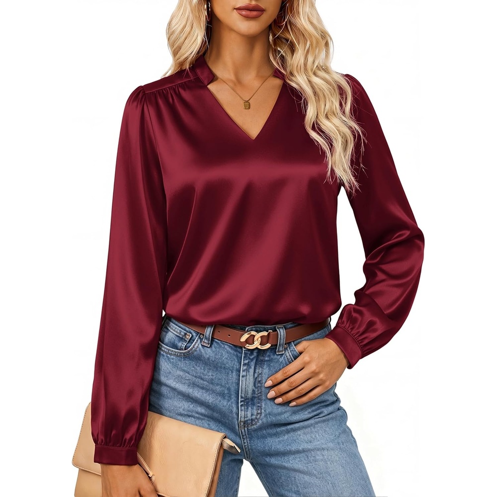 image:imageGRACE KARIN Womens Business Casual Tops Long Sleeve Work Satin Blouses Dressy V Neck Silk Shirts Fall Trendy OutfitsWine Red
