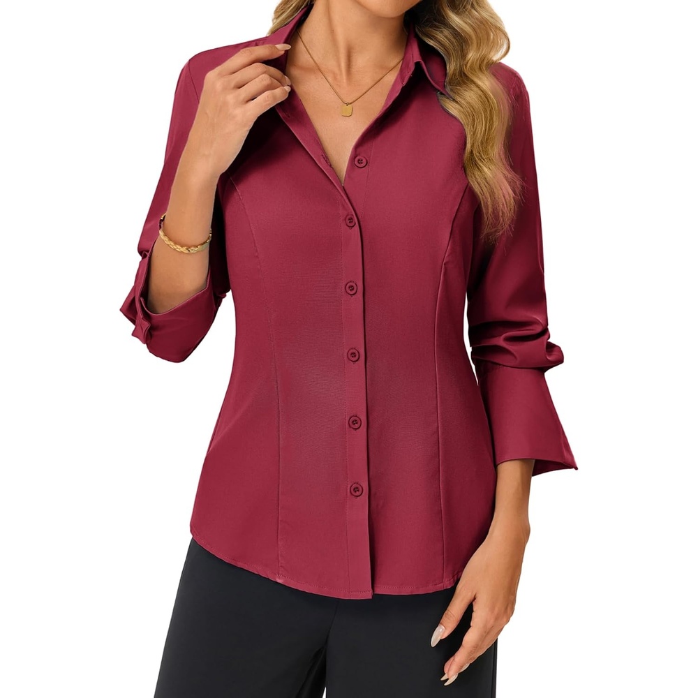 image:imageGRACE KARIN Womens Button Down ShirtsLong Sleeve Collared Dress ShirtWrinkleFree Work Blouse Office Tops 2026 Fall OutfitsWine Red