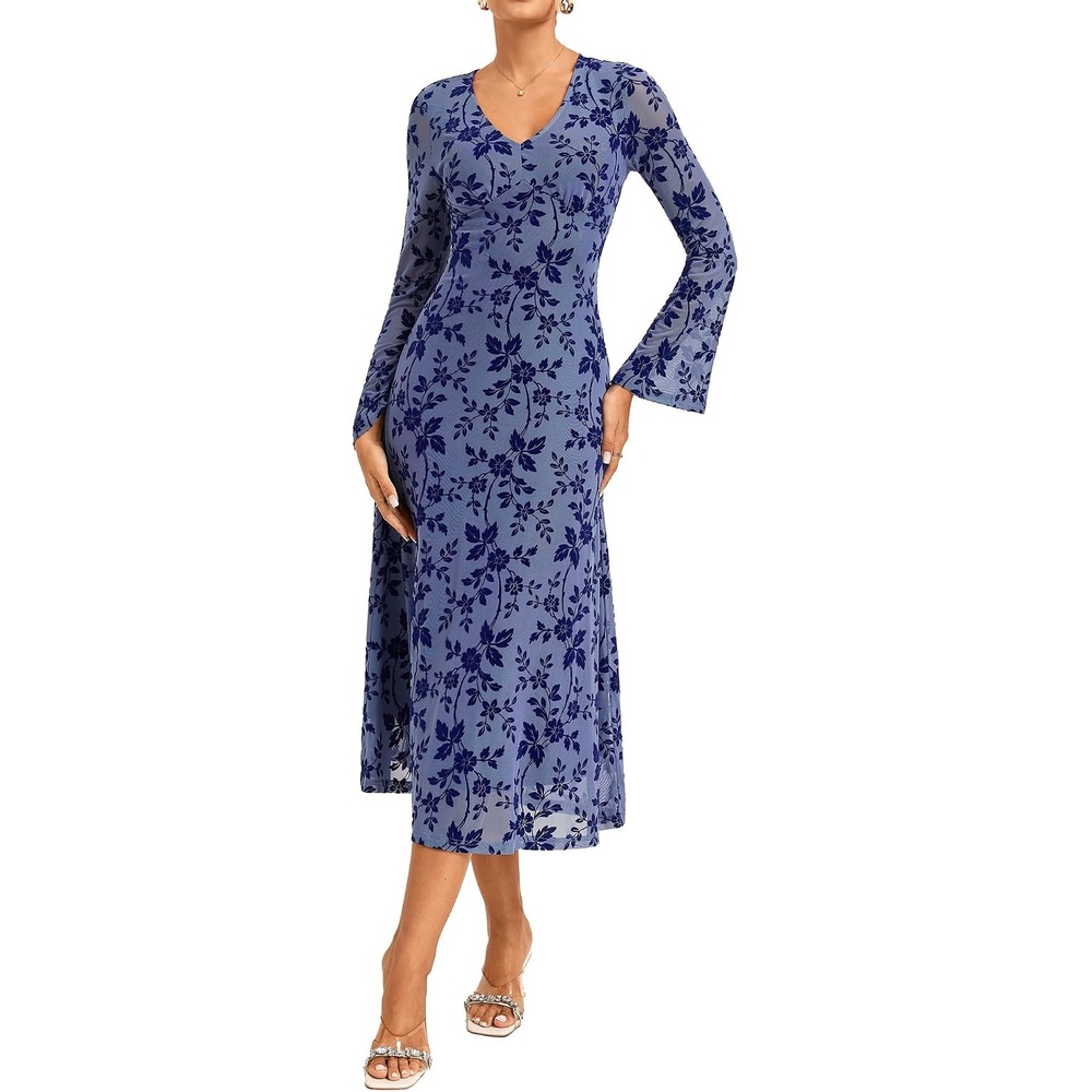 image:imageGRACE KARIN Womens Floral Long Sleeve DressesFormal Bodycon Wedding Guest DressV Neck Mesh Cocktail Maxi DressesGray Blue
