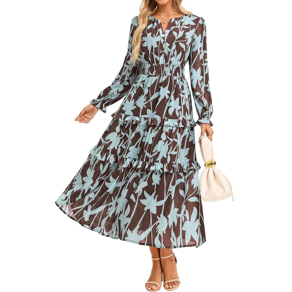 image:imageGRACE KARIN Womens Floral Long Sleeve Maxi Dress 2026 V Neck Fall Wedding Guest Outfits Boho Flowy Dresses with PocketsBlue Brown Leaves